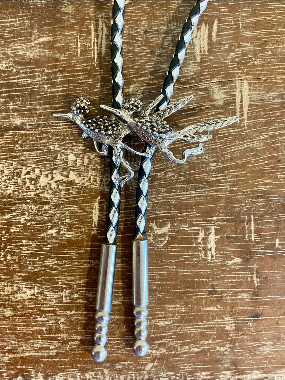 Braided Black and Silver Bolo Tie with Roadrunners